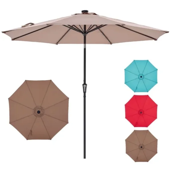 10 ft Patio Umbrella for Table, Outdoor Sun Umbrella with 32 LED Solar Lights, Khaki )