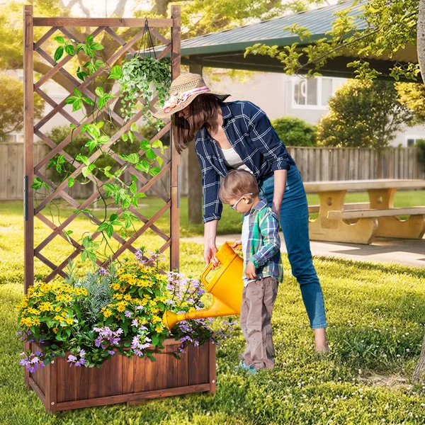 Wood Planter Raised Garden Bed with Trellis, 67 Inch Height Outdoor Garden Flower Standing Planter Box Lattice Panels with Planter for Patio Porch with Drainage Holes, Brown view 5
