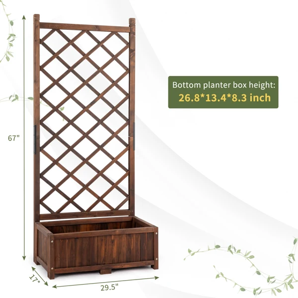 Wood Planter Raised Garden Bed with Trellis, 67 Inch Height Outdoor Garden Flower Standing Planter Box Lattice Panels with Planter for Patio Porch with Drainage Holes, Brown view 6