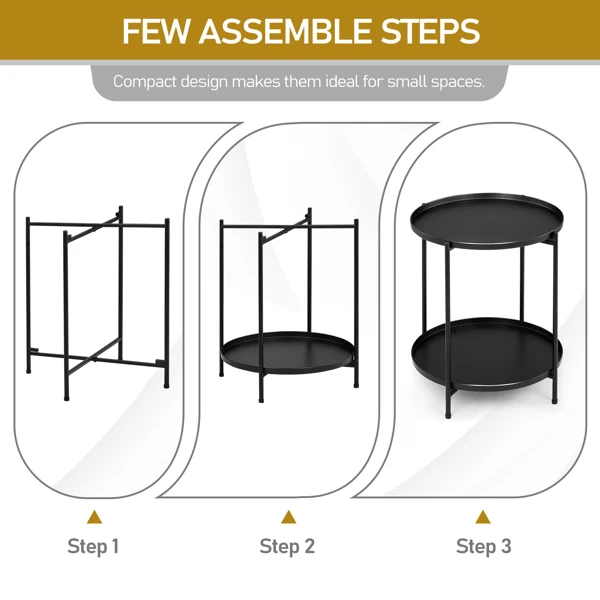 2-Tier Patio Side Table, Outdoor Metal Round Small Coffee Table with Removable Tray, Weather Resistant End Table for Indoor Outdoor Garden Balcony Yard, Black view 6