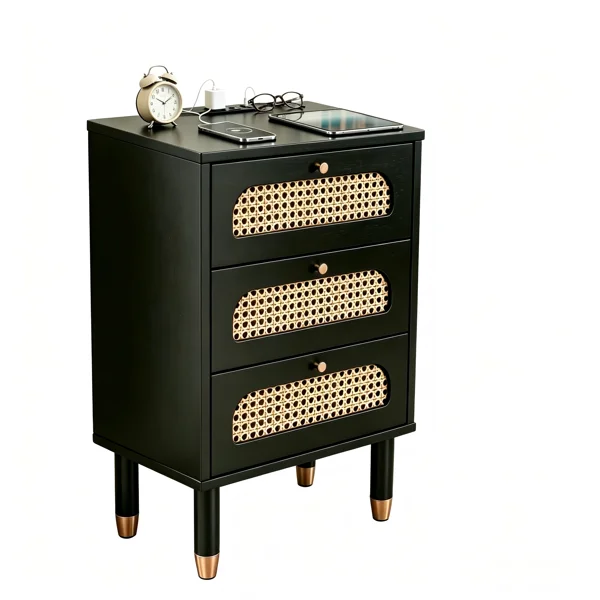 3-Drawer Nightstand with Woven Rattan Fronts and Built-in Power Outlet 15.75"*13.78"*23.82" Black view 3
