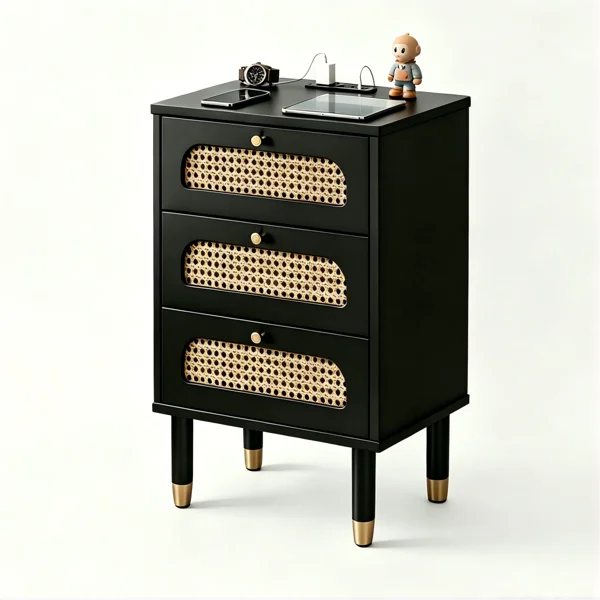 3-Drawer Nightstand with Woven Rattan Fronts and Built-in Power Outlet 15.75"*13.78"*23.82" Black view 4