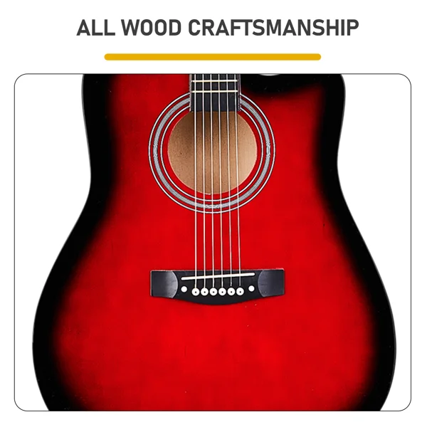 Turn red 41-inch Dreadnought barrel-shaped cutaway acoustic guitar with pick, strings, capo, gig bag, tuner, wrench tool, and shoulder strap view 6