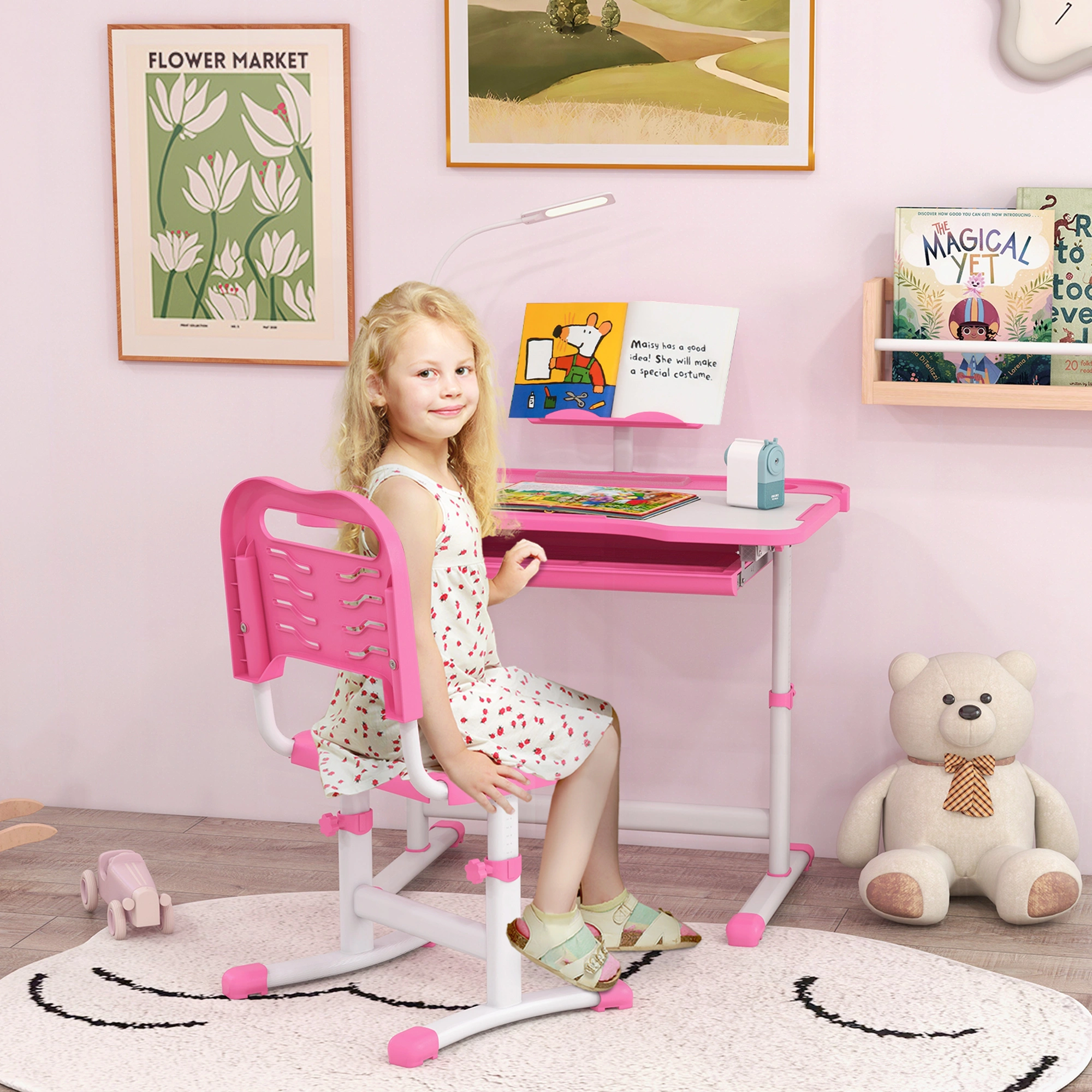 Kids Desk and Chair Set with Bookshelf, Adjustable Study Table and Ergonomic Chair, Sturdy Wood Computer Desk for Toddlers, Brown/White