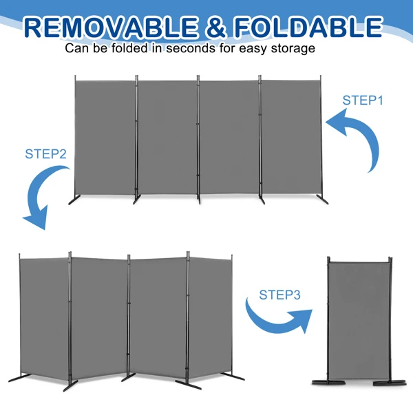 6FT 4-Fold 160g Polyester Cloth Plastic Foot Carbon Steel Frame Foldable Screen Gray view 4