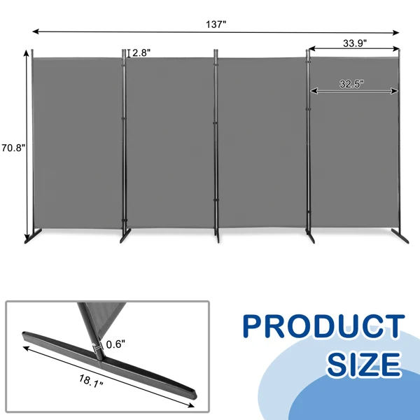 6FT 4-Fold 160g Polyester Cloth Plastic Foot Carbon Steel Frame Foldable Screen Gray view 6