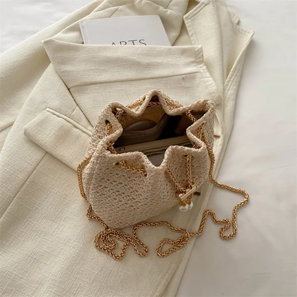 Ladies' mini straw woven bucket crossbody bag, hand woven pearl decoration drawstring straw woven small bag, gold chain shoulder bag, summer beach vacation special view 4