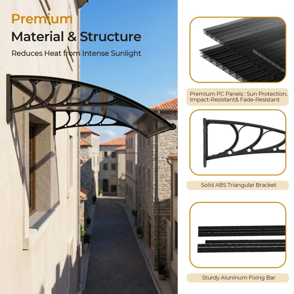 Awning for Door Entrance with Drainage Sink, 40x40 Inch Window Canopy Exterior, UV Rain Snow Protection for House Porch Patio Deck, Black Bracket & Brown Board view 5