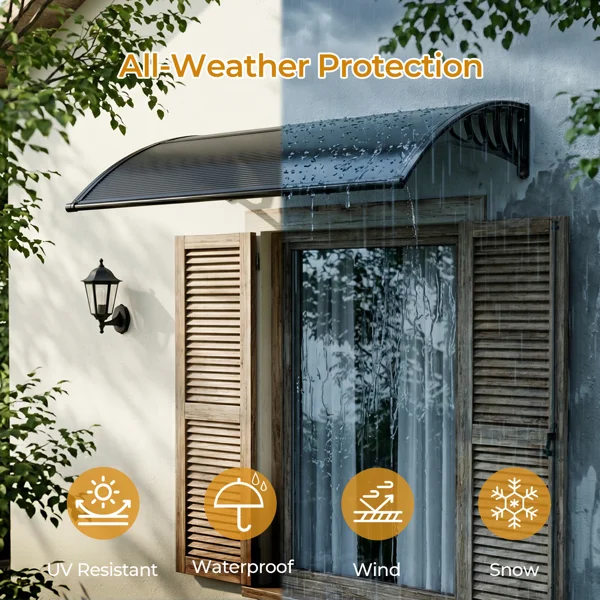 Awning for Door Entrance with Drainage Sink, 40x40 Inch Window Canopy Exterior, UV Rain Snow Protection for House Porch Patio Deck, Black Bracket & Brown Board view 6