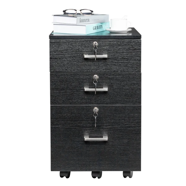 Black Wood Grain Density Board Three Drawers Wooden Filing Cabinet view 5
