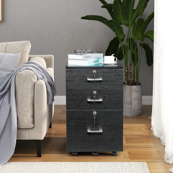 Black Wood Grain Density Board Three Drawers Wooden Filing Cabinet