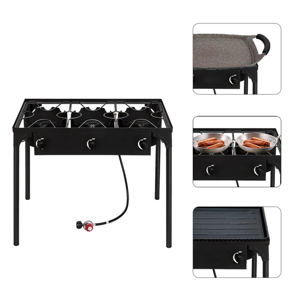 Outdoor Camp Stove High Pressure Propane Gas Cooker Portable Cast Iron Patio Cooking Burner (Three Burner 225000-BTU) view 5