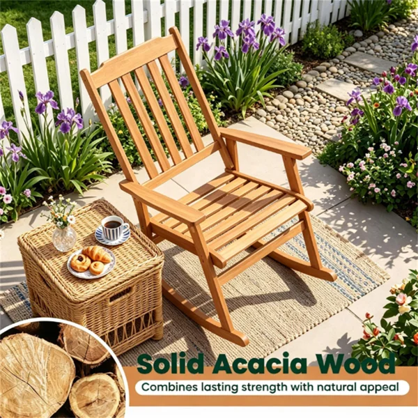 Solid Acacia Wood Outdoor Rocking Chair, Heavy Duty 400LBS Capacity Porch Rocker with Slatted Back for Backyard Deck Garden view 3