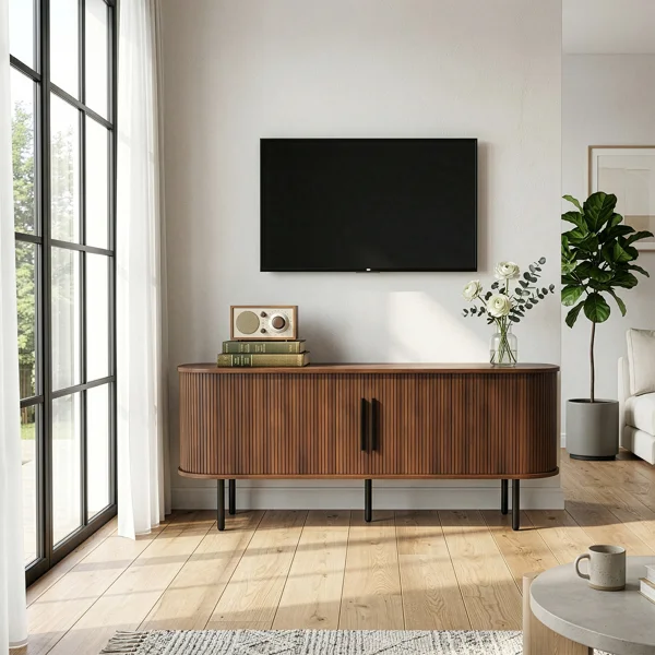 Walnut Embossed Particle Board TV Stand, Oval Tabletop 147×35×58cm, Modern Entertainment Center with Sliding Grid Doors, Media Console Cabinet for Living Room Bedroom