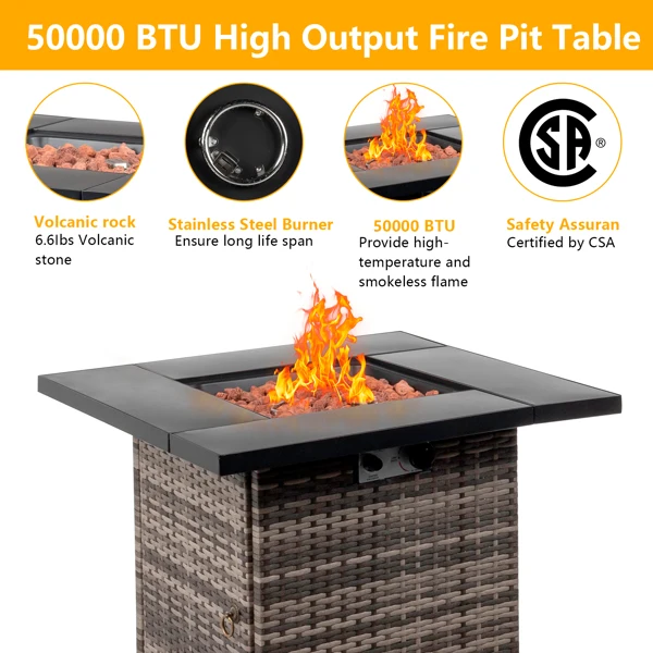 28-Inch Fire Table, 50000 BTU Gas Firepit with Volcanic Stone Black view 4