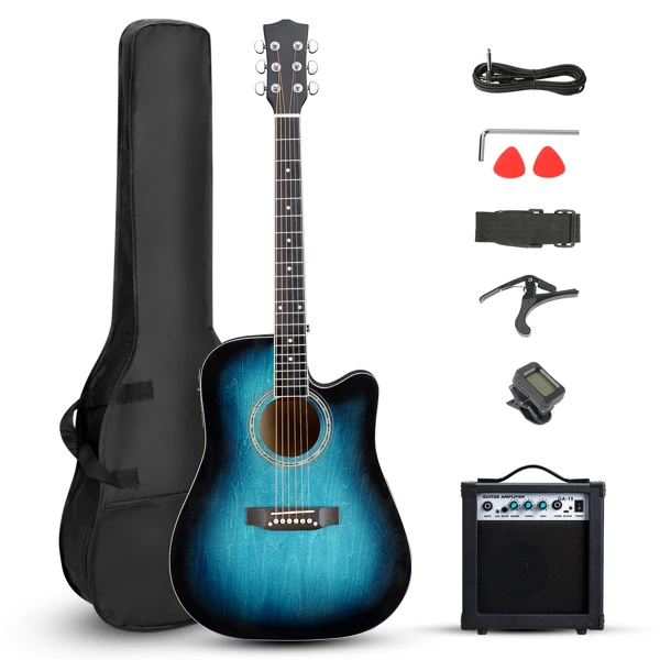 KMA101 41-inch basswood top matte binding folk guitar, equipped with 10W amplifier, gig bag, tuner and other accessories, blue rubbed