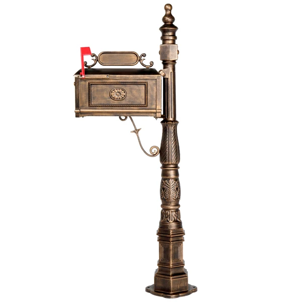 Decorative Large Mailbox with Post, Heavy Duty Cast Aluminum Postal Mail Box with Address Plaque, Antique Bronze view 3
