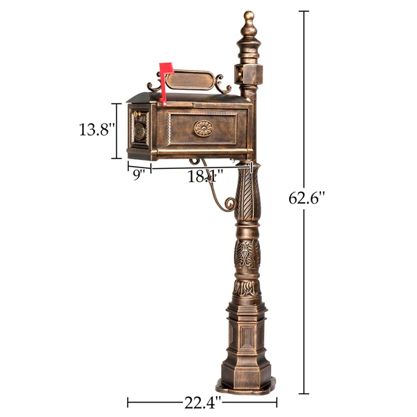 Decorative Large Mailbox with Post, Heavy Duty Cast Aluminum Postal Mail Box with Address Plaque, Antique Bronze view 6