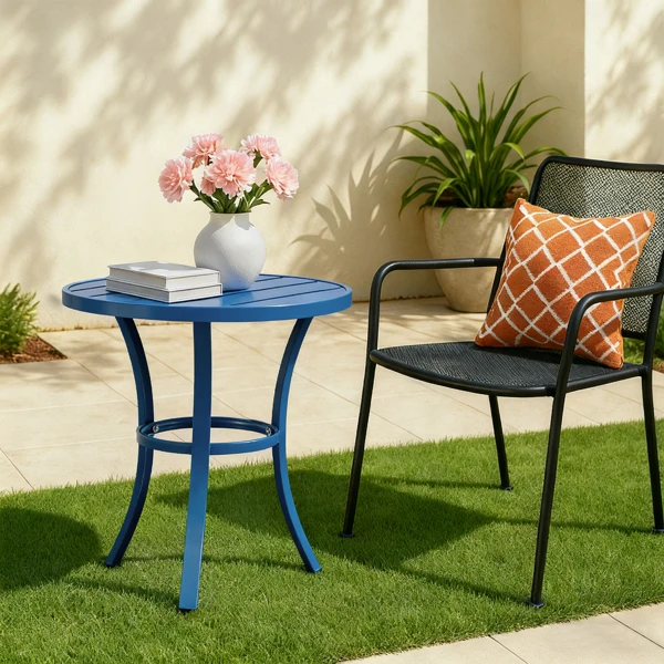 Outdoor Round Side Table, Small Metal Table Patio End Table Coffee Bistro Table for Indoor Outdoor, Navy Blue view 5