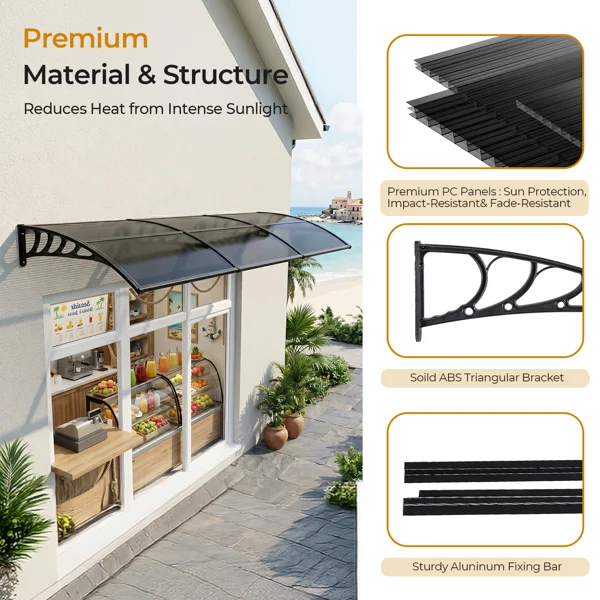 Awning for Door Entrance with Drainage Sink, 40x120 Inch Window Canopy Exterior, UV Rain Snow Protection for House Porch Patio Deck, Black Bracket & Brown Board view 5