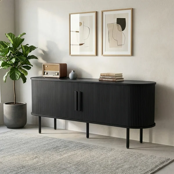 Black Embossed Particle Board TV Stand, Oval Tabletop 147×35×58cm, Entertainment Center with Slatted Sliding Doors, Modern Media Console Cabinet for Living Room view 2