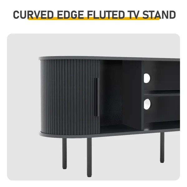 Black Embossed Particle Board TV Stand, Oval Tabletop 147×35×58cm, Entertainment Center with Slatted Sliding Doors, Modern Media Console Cabinet for Living Room view 4