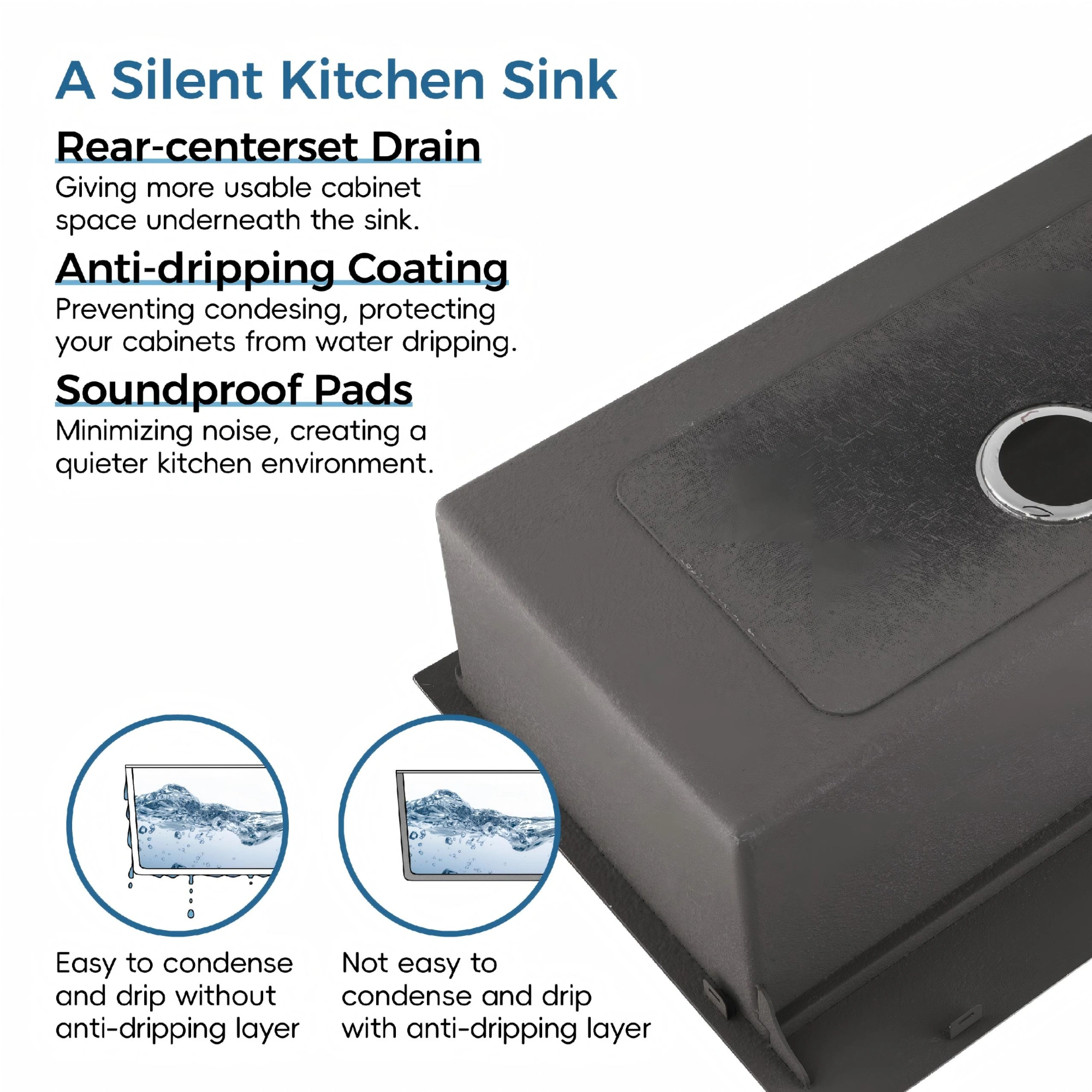 18x18 Inch Single Bowl Undermount Kitchen Sink, Handmade Black Stainless Steel with US Standard Drain view 10