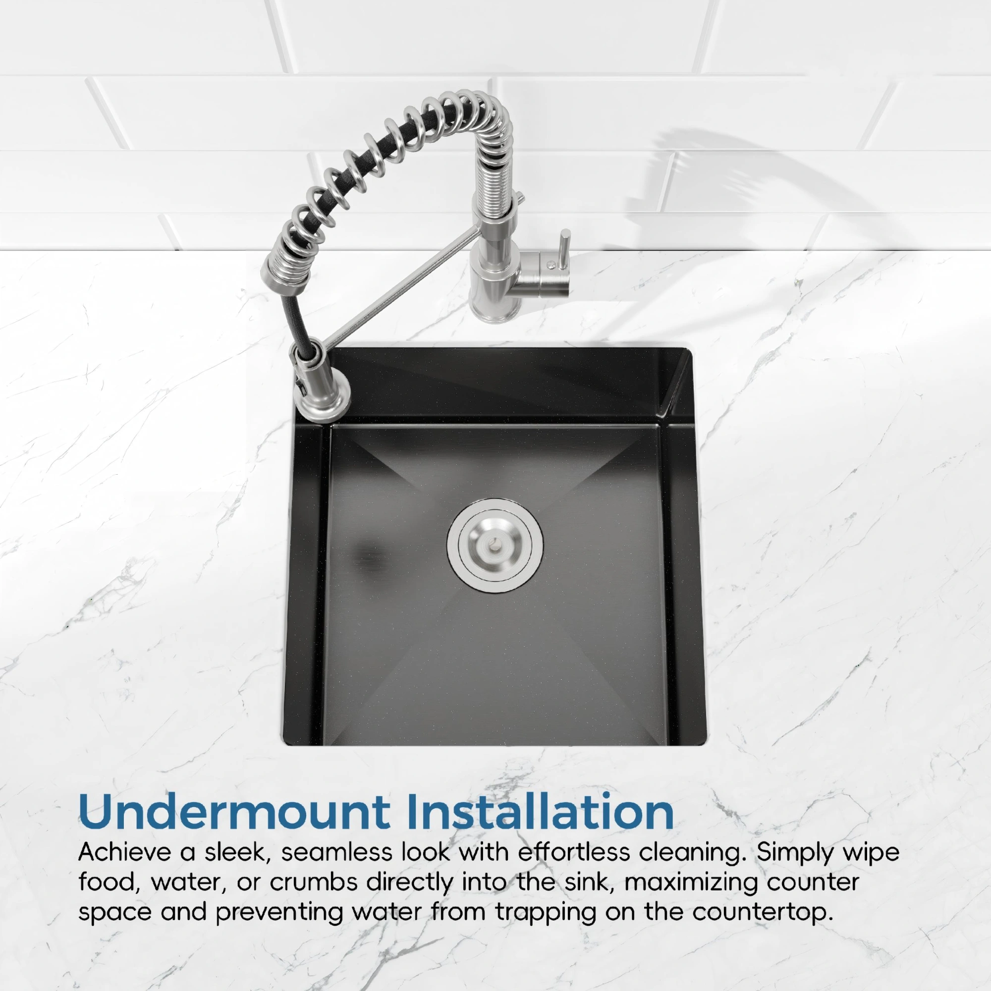 18x18 Inch Single Bowl Undermount Kitchen Sink, Handmade Black Stainless Steel with US Standard Drain view 3