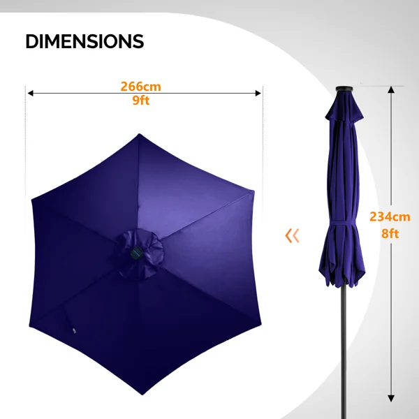 9ft Solar LED Patio Umbrella with Push Button Tilt & Crank, 6 Ribs Waterproof Polyester Outdoor Market Table Umbrella for Garden Backyard Pool, Navy Blue view 2