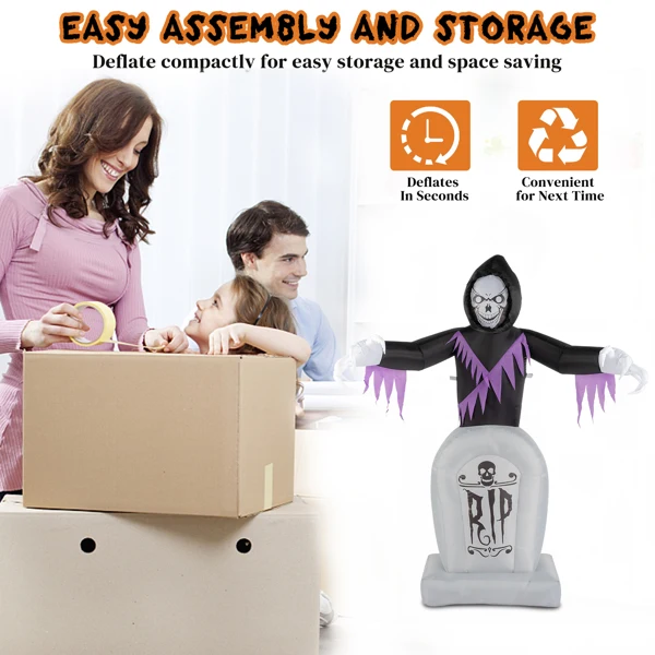 8ft Garden 3pcs LED String Lights Grim Reaper and Grave Inflatable Halloween Decoration view 2
