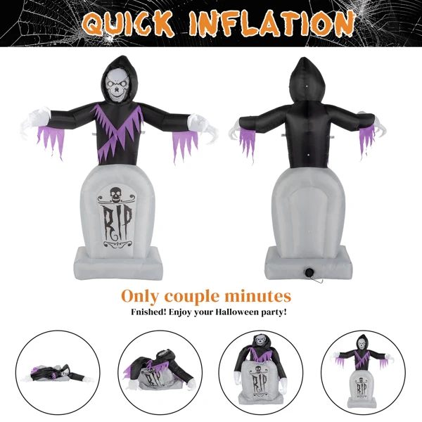 8ft Garden 3pcs LED String Lights Grim Reaper and Grave Inflatable Halloween Decoration view 6