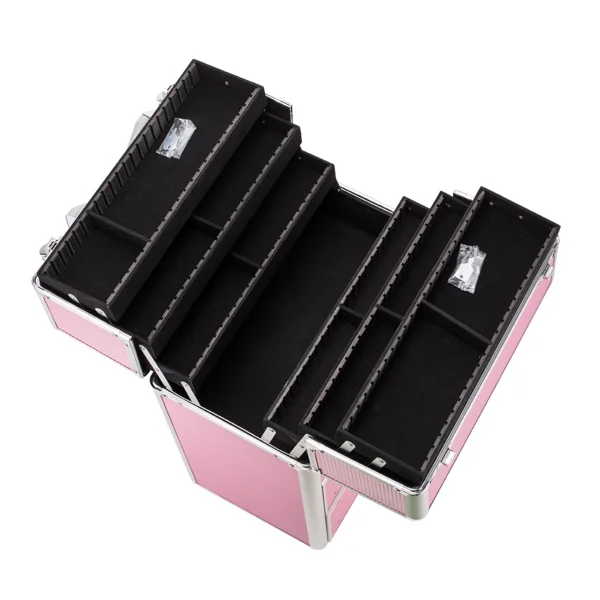 4 Tier Lockable Cosmetic Makeup Train Case with Extendable Trays Pink view 6