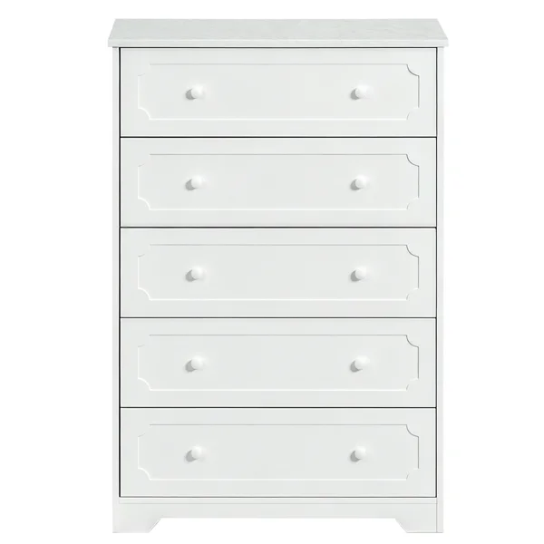 5-Drawer Cabinet with Solid Wood Veneer and Paint P2 MDF + P2 Particleboard Storage Cabinet 31.3*15.55*47.24in White view 2