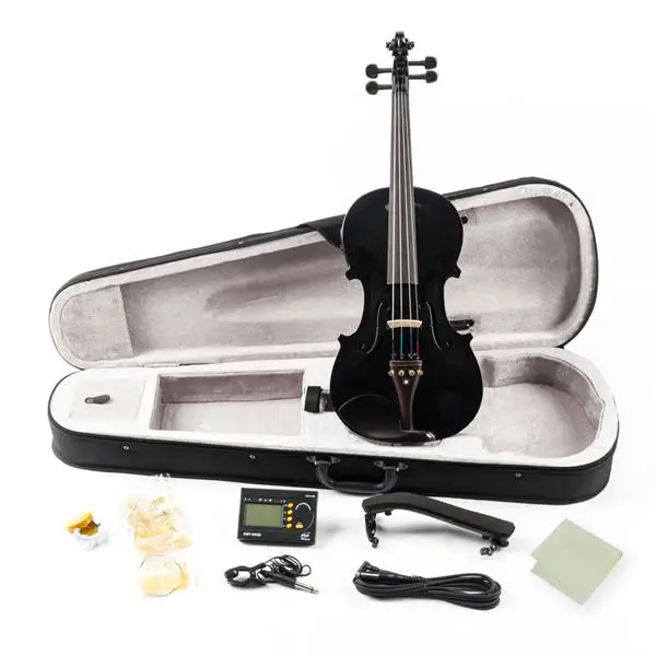 GV102 4/4 Solid Wood EQ Violin Case Bow Violin Strings Shoulder Rest Electronic Tuner Connecting Wire Cloth Black view 3
