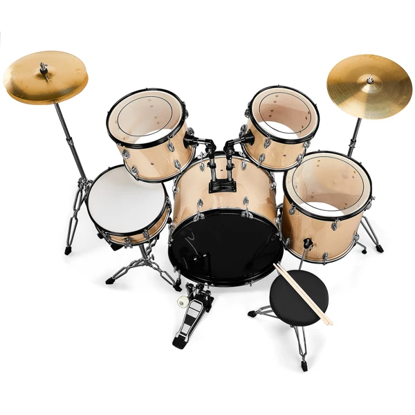 Full Size Adult Drum Set 5-Piece Champagne with Bass Drum, two Tom Drum, Snare Drum, Floor Tom, 16" Ride Cymbal, 14" Hi-hat Cymbals, Stool, Drum Pedal, Sticks view 5