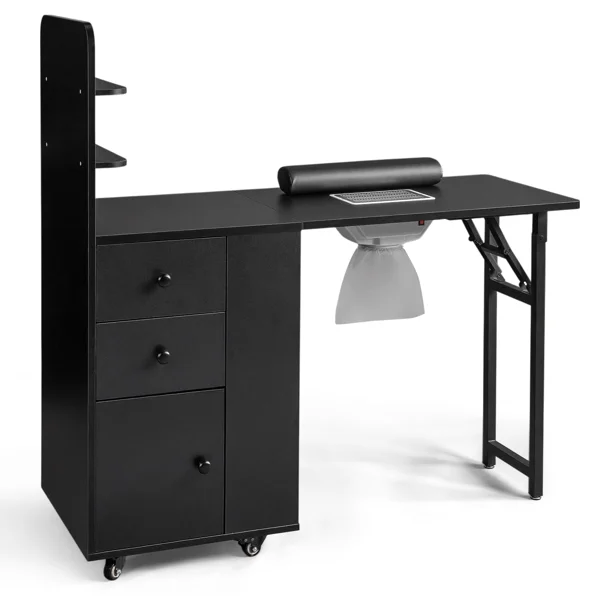 Black MDF Folding Nail Desk with 2 Drawers, Cabinet Door & Storage Shelf