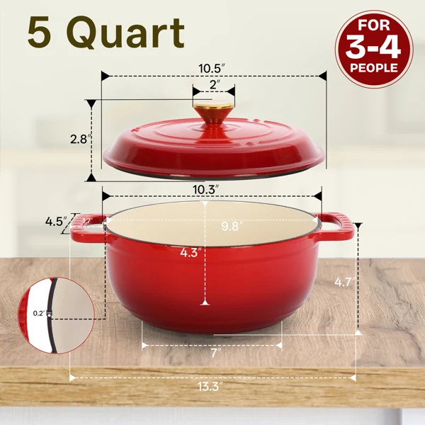 Cast iron 5QT cooking pot - Gradient red - Includes two silicone gloves - Enamel pot view 5