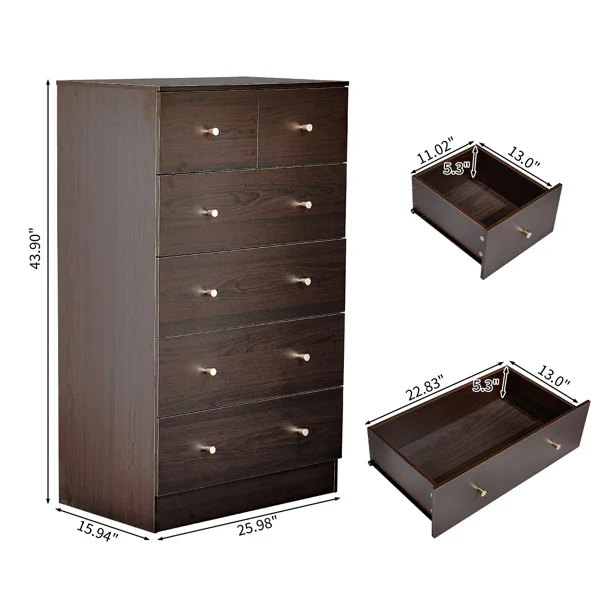 Brown particleboard with a textured melamine finish, 66*40*111cm, 4+2 drawer cabinet, matte gold handles view 5