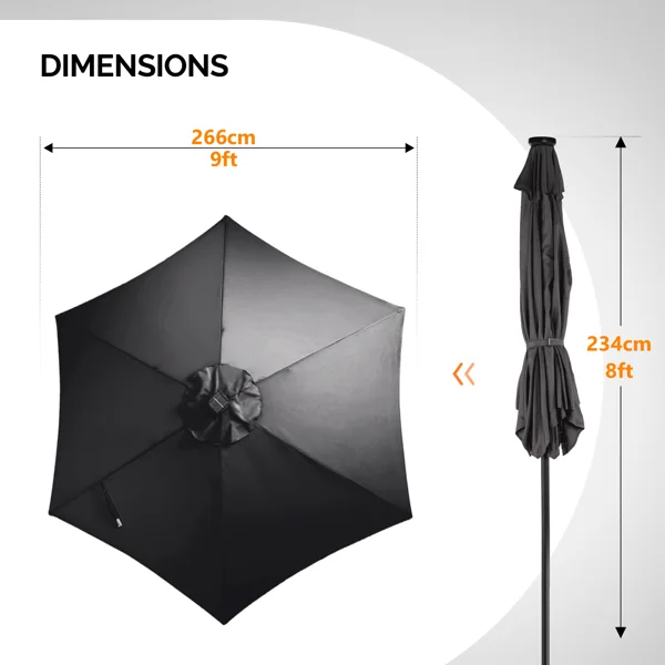 9ft Solar LED Patio Umbrella with Push Button Tilt & Crank, 6 Ribs Waterproof Polyester Outdoor Market Table Umbrella for Garden Backyard Pool, Gray view 2