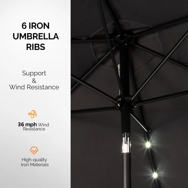 9ft Solar LED Patio Umbrella with Push Button Tilt & Crank, 6 Ribs Waterproof Polyester Outdoor Market Table Umbrella for Garden Backyard Pool, Gray view 4