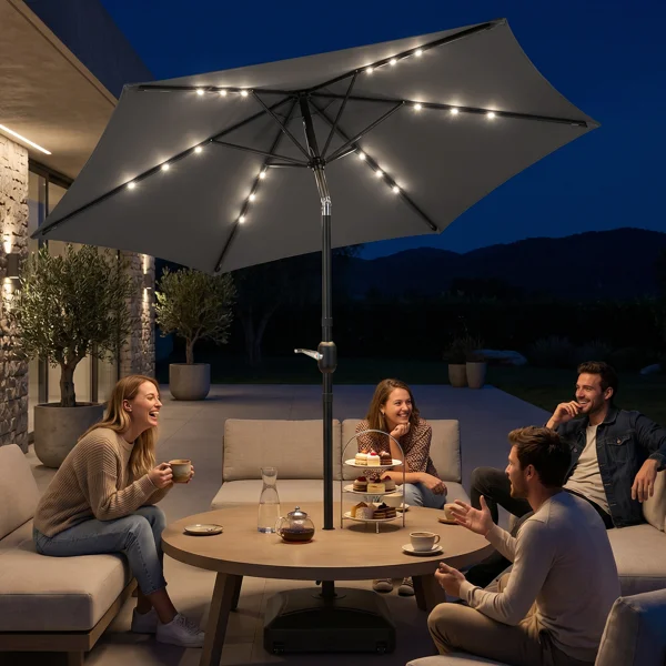 9ft Solar LED Patio Umbrella with Push Button Tilt & Crank, 6 Ribs Waterproof Polyester Outdoor Market Table Umbrella for Garden Backyard Pool, Gray view 6