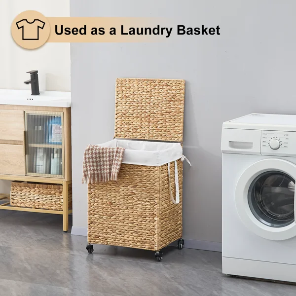 100L 2-Section Laundry Hamper with Lid and Wheels, Woven Natural Water Hyacinth Rolling Laundry Hamper view 6