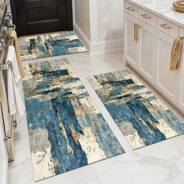 Three-piece kitchen rug set, non-slip and washable, abstract pattern kitchen hallway rug, soft and comfortable, suitable for sinks, floors, entrances, hallways and bathrooms.