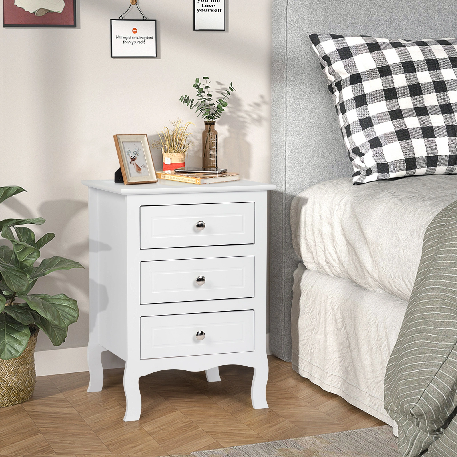 45x38x63cm Country Style 3-Drawer Nightstand Table Large White Wooden Bedside Cabinet