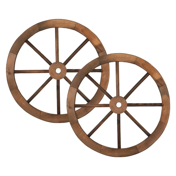 2pcs 24-Inch Old Western Style Garden Art Wall Decor Wooden Wagon Wheel Brown view 3