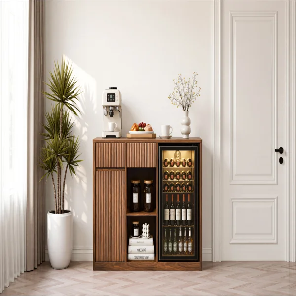 51.2" Modern Fluted Bar Cabinet with Fridge Compartment(Fridge Not Included, Adjustable Shelves & Built-in Power Outlets, Multipurpose Wine Storage Cabinet for Living & Dining Room, Walnut view 4