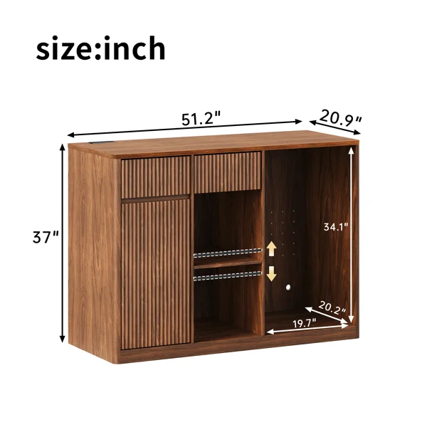 51.2" Modern Fluted Bar Cabinet with Fridge Compartment(Fridge Not Included, Adjustable Shelves & Built-in Power Outlets, Multipurpose Wine Storage Cabinet for Living & Dining Room, Walnut view 5