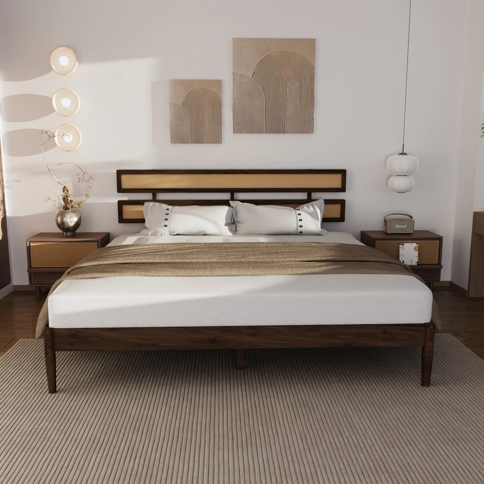 Bohemian King Size Bed with Dark Walnut Double Headboard, Painted Finish, Rattan & Pine Wood Accent