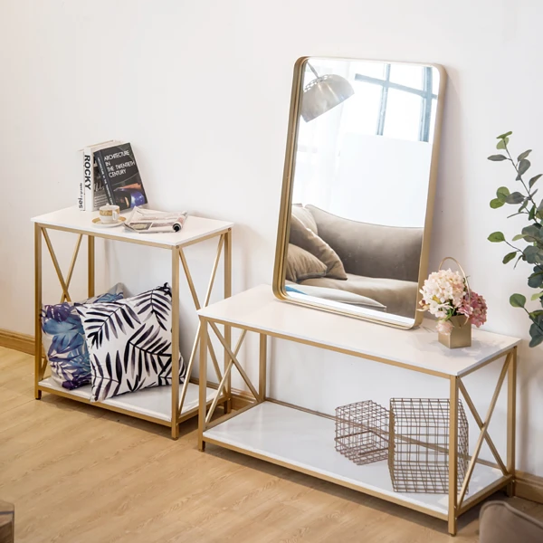 2-Tier Console Table, Gold Sofa Entry Table with White Top and Gold Metal Frame for Home view 2