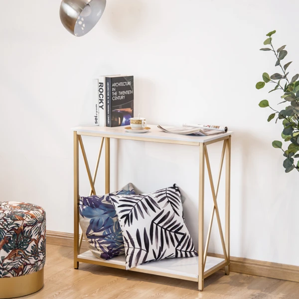 2-Tier Console Table, Gold Sofa Entry Table with White Top and Gold Metal Frame for Home view 4